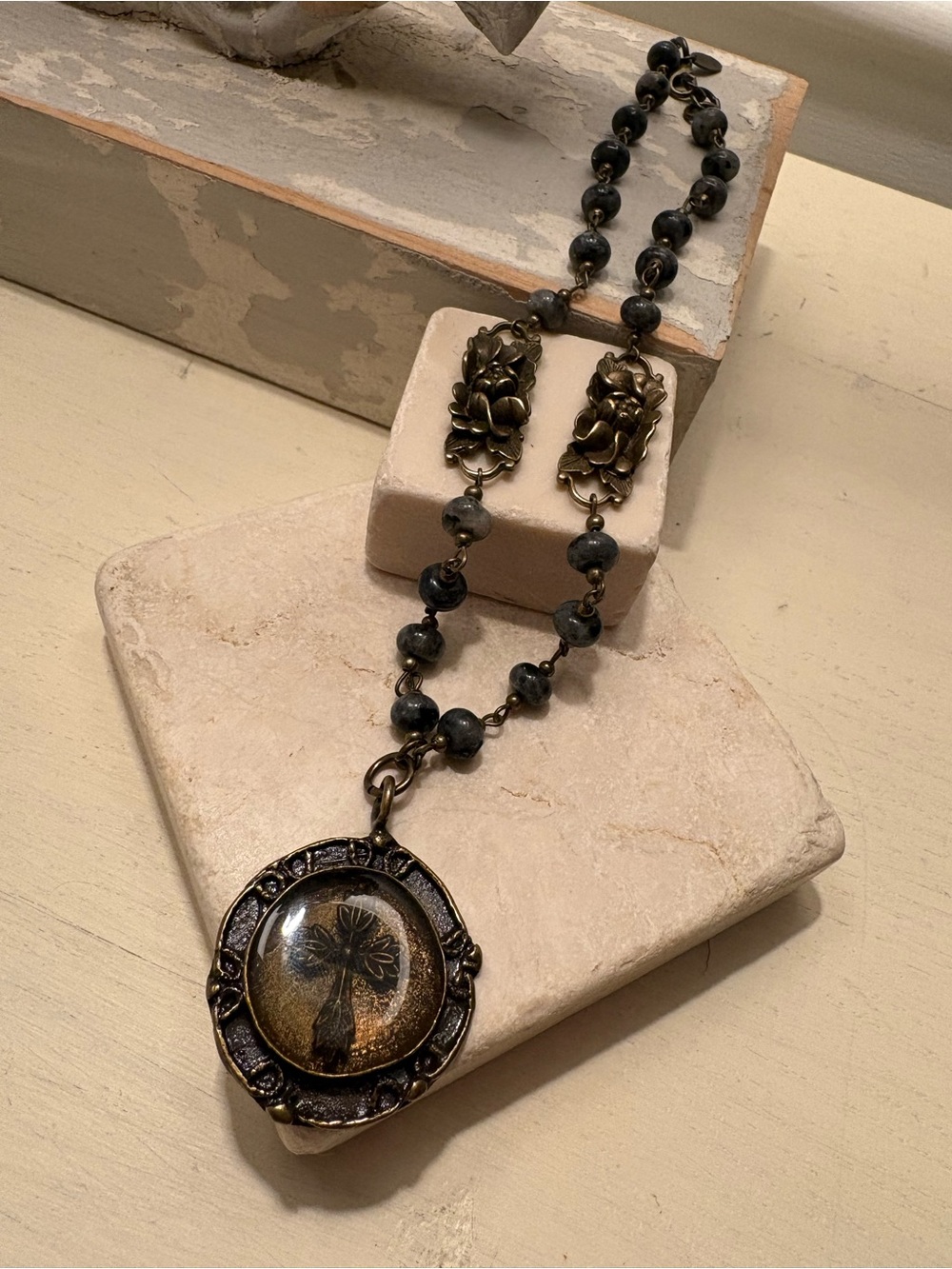 Gray Jasper Cross Medallion Necklace